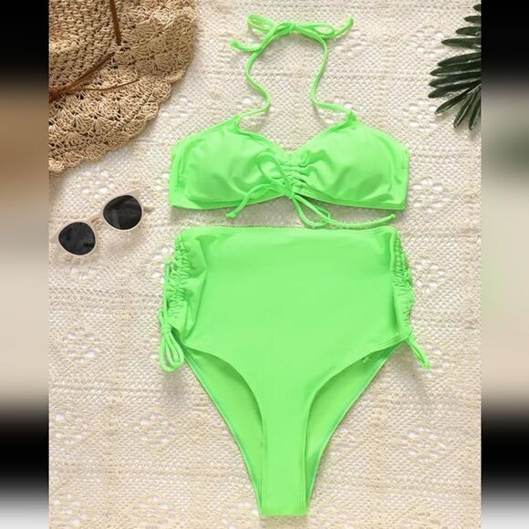 Florescent green drawstring bikini sz Medium - Picture 6 of 8